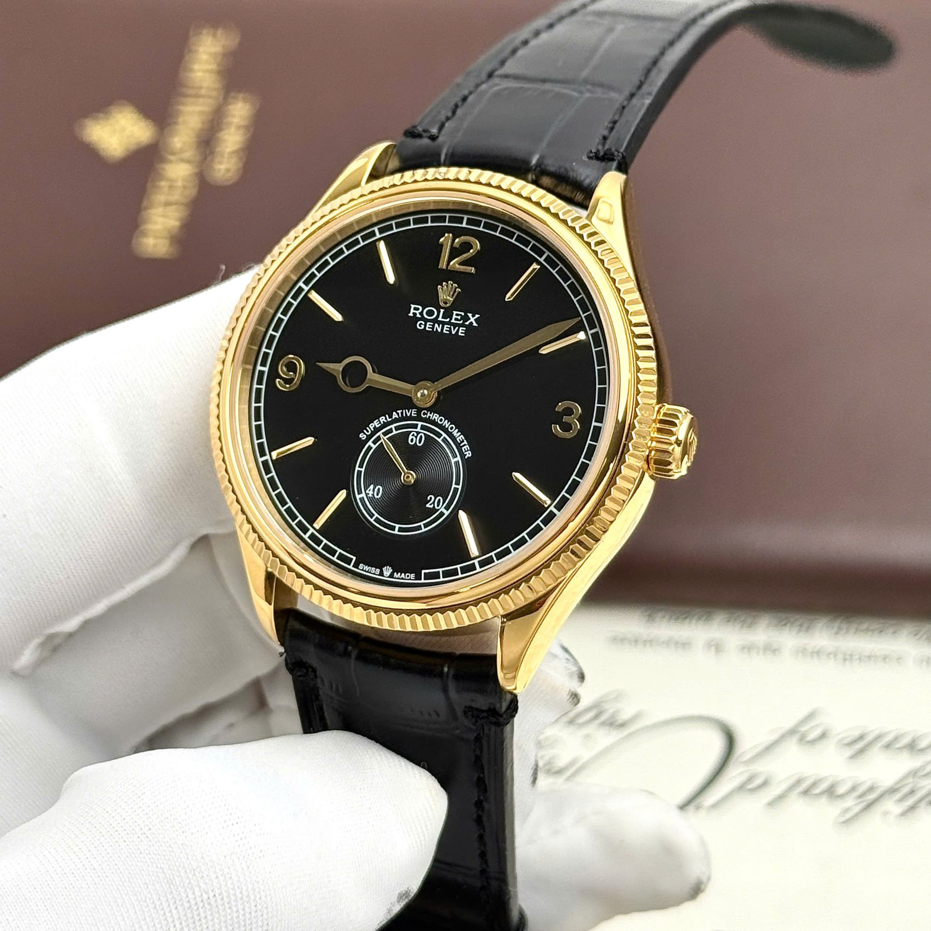 Rolex Perpetual 1908 Yellow Fake Watch Black Dial Leather Strap 39mm