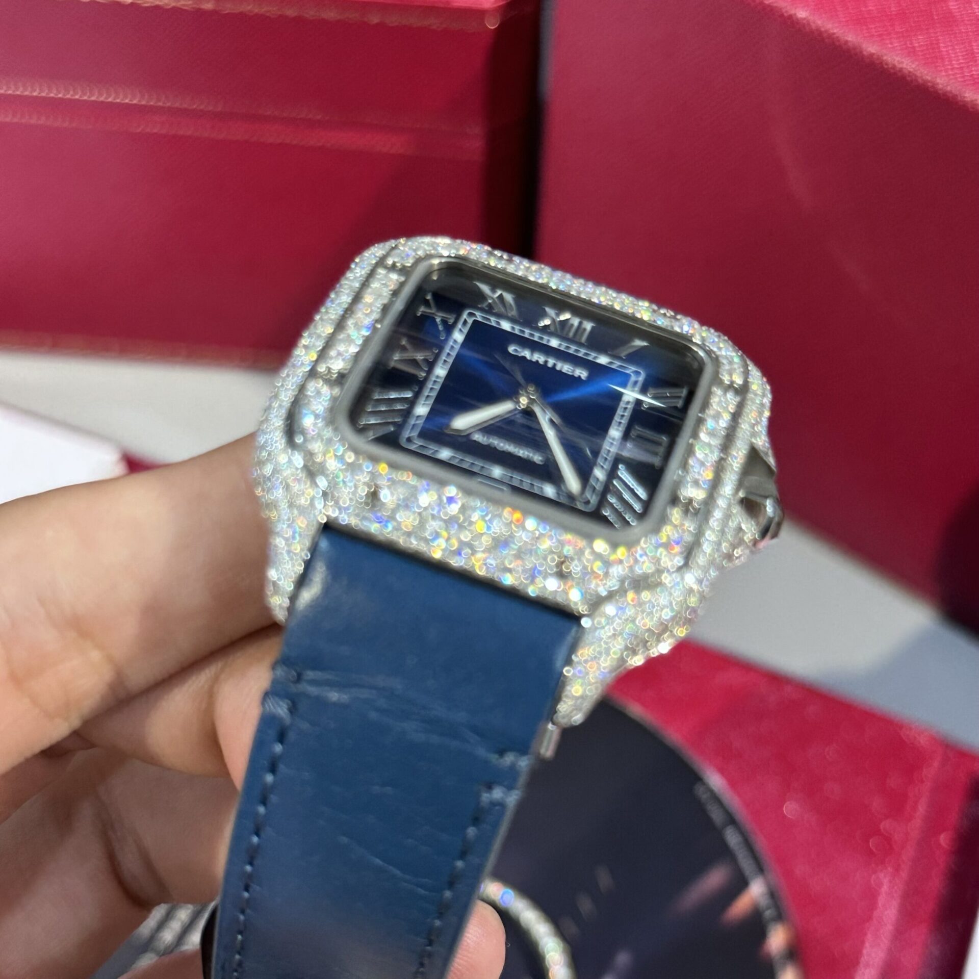 Cartier Santos Replica Watch Blue Dial Custom Moissanite Diamonds 39.8mm