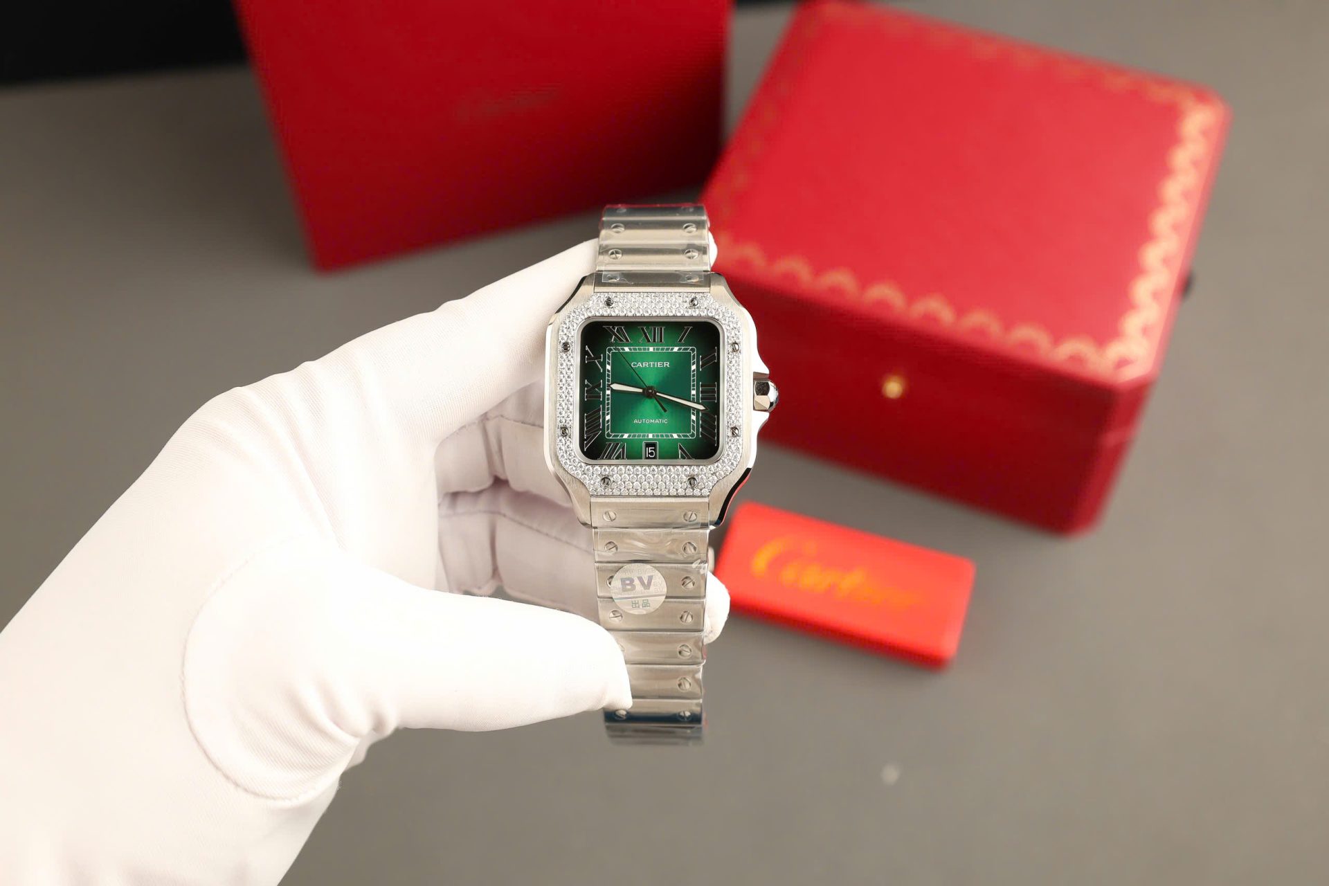 Cartier Santos Green Copies Watch Custom Diamonds Moissanite BV Factory 39.8mm