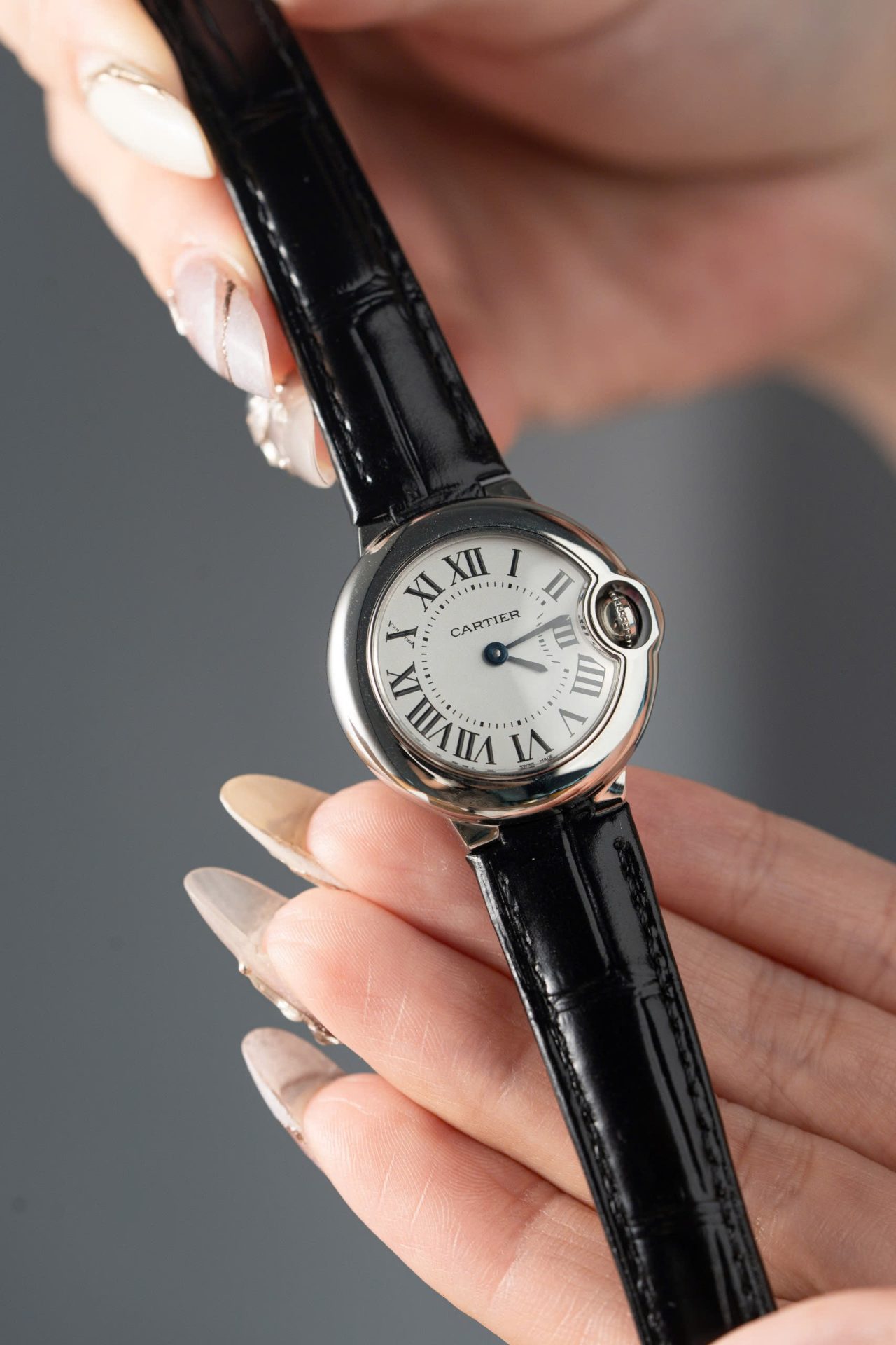 Cartier Ballon Bleu Women s Replica 11 Watch White Dial Black Leather Strap 28mm