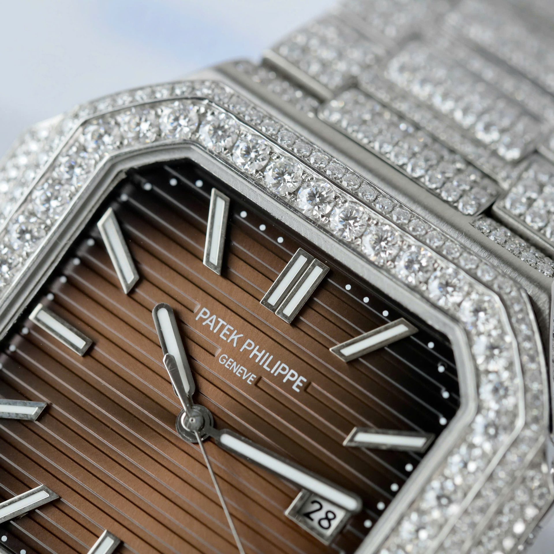 Patek Philippe Cubitus 5821 Dial Brown Replica Watch Full Diamonds Moissanite Hong Kong 45mm