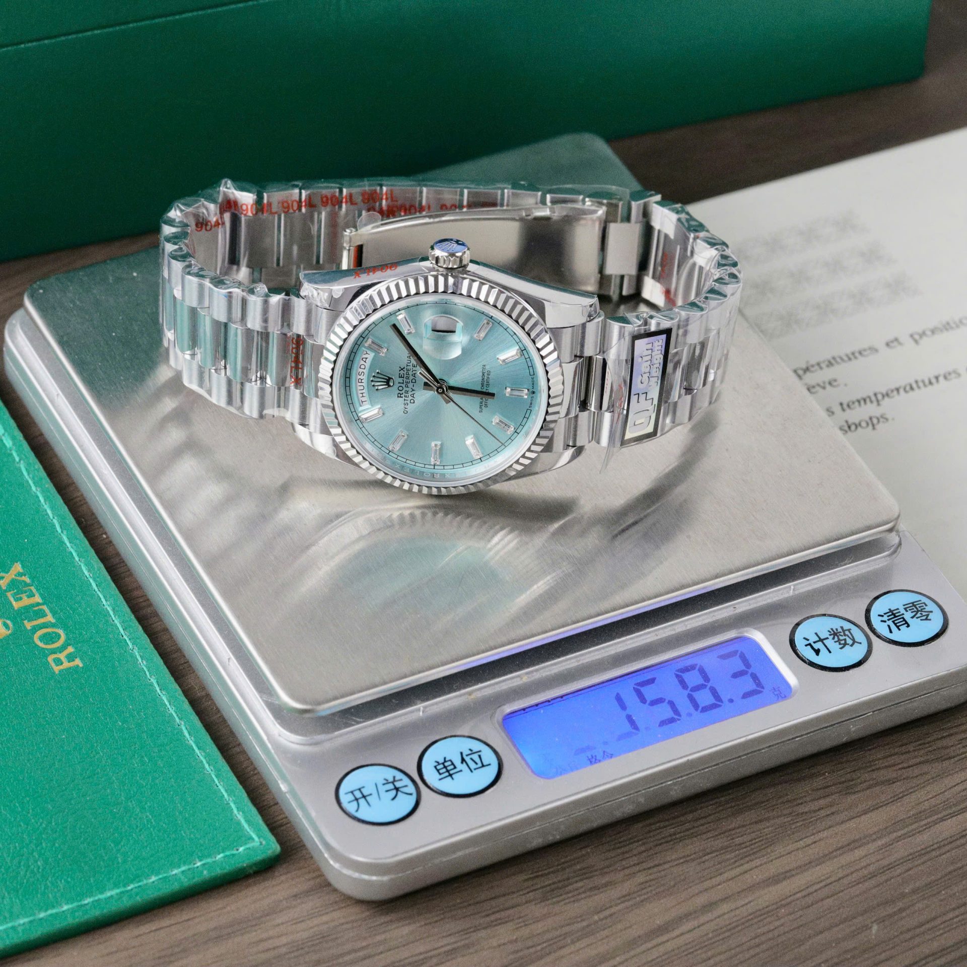 Rolex Day-Date 128236 Dial Ice Blue Replica Watch Weight 158gram QF Factory 36mm