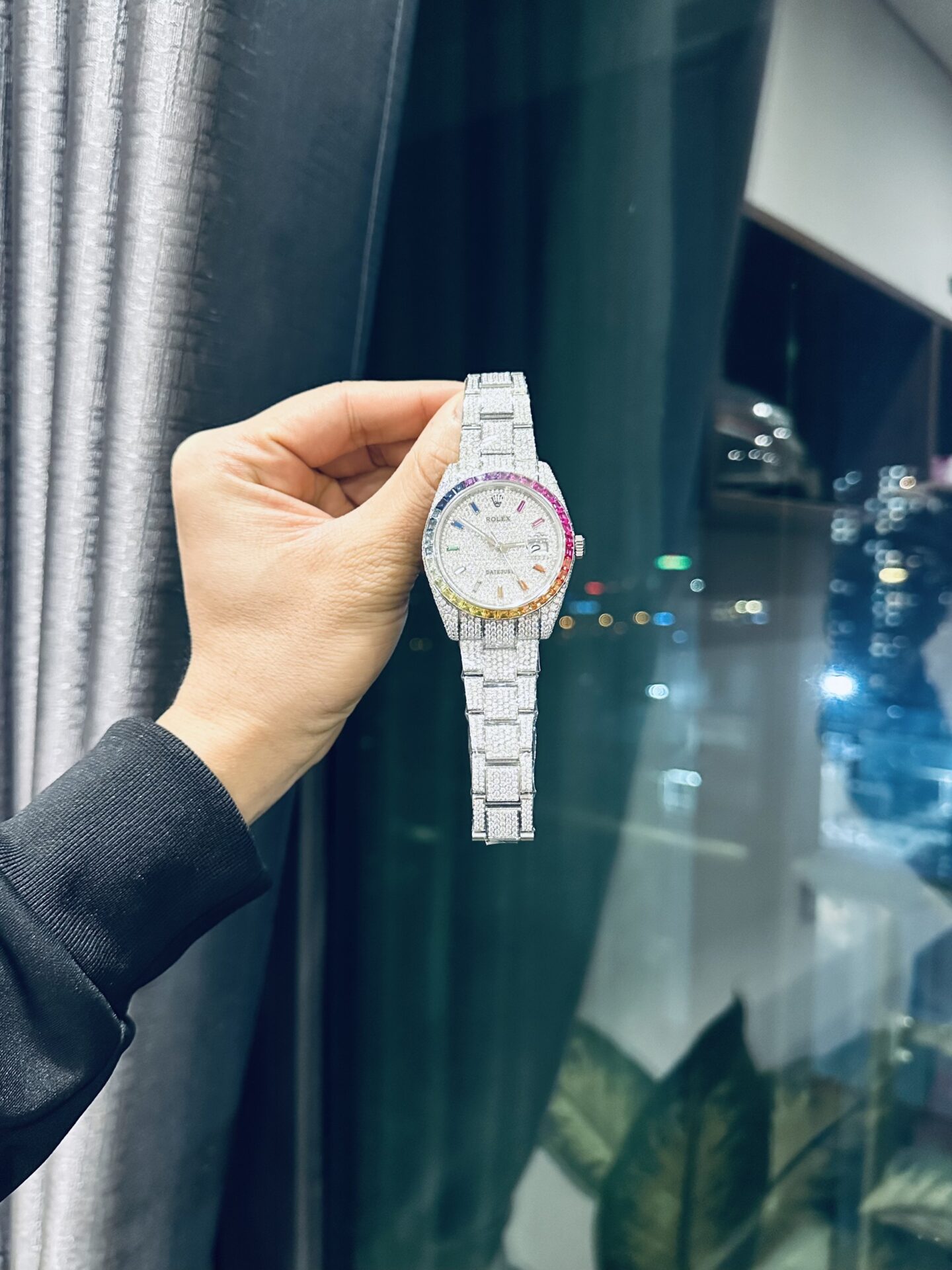 Rolex DateJust Rainbow Replica Watch Custom Moissanite Diamonds 41mm