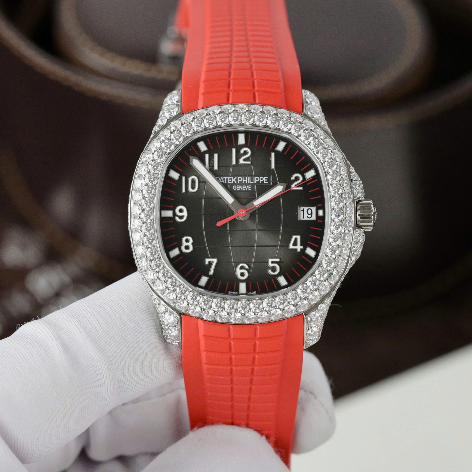 Patek Philippe Aquanaut 5167 Rep 11 Watch Custom Moissanite Diamonds Red Rubber Strap 40mm