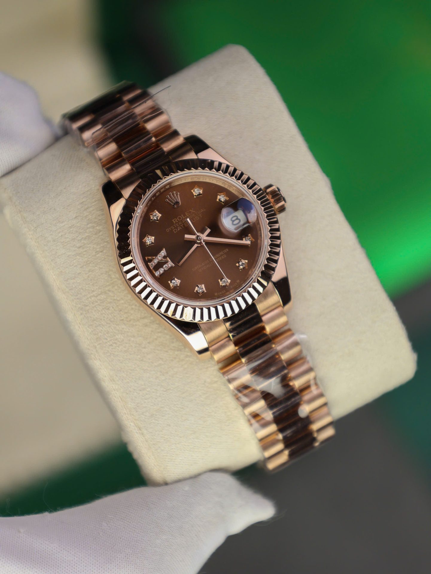 Rolex DateJust Women Copies Watches Gold Wrapped Chocolate Dial GM Factory 28mm