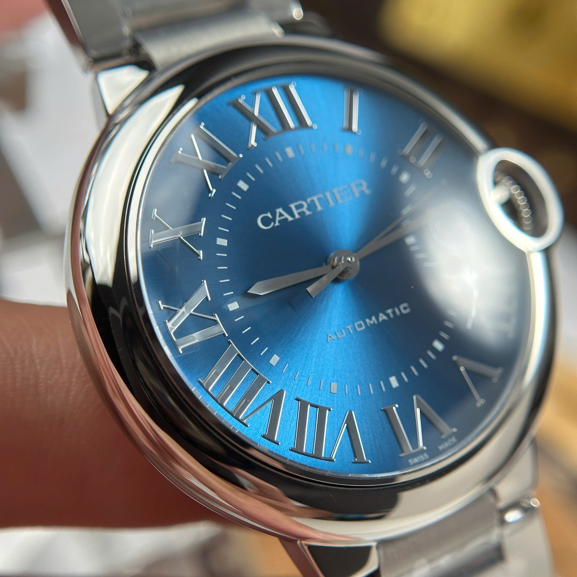 Cartier Ballon Bleu Copies Watches Blue Dial Metal Wire AF Factory 40mm