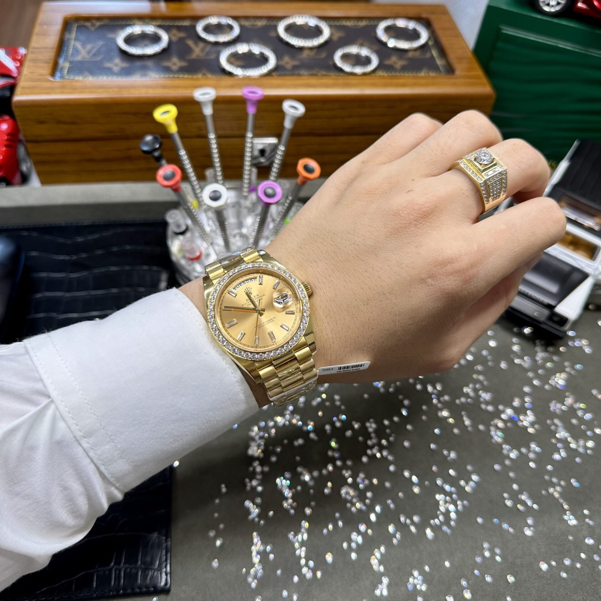 Rolex Day-Date Fake Watches Yellow Dial Moissanite Diamonds EW Factory 40mm