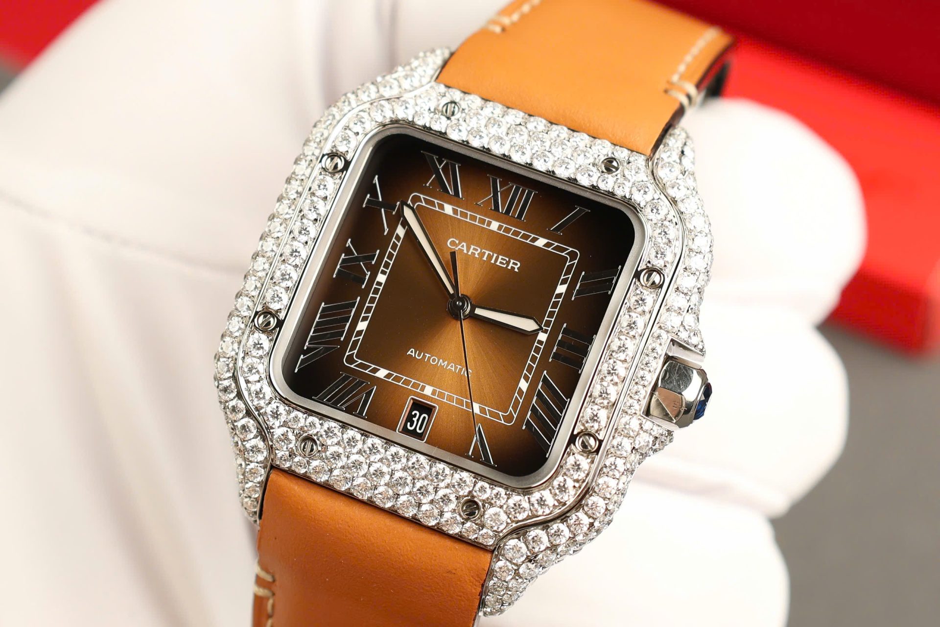 Cartier Santos Dial Brown Replica Watches Custom Diamonds Moissanite BV Factory 39.8mm