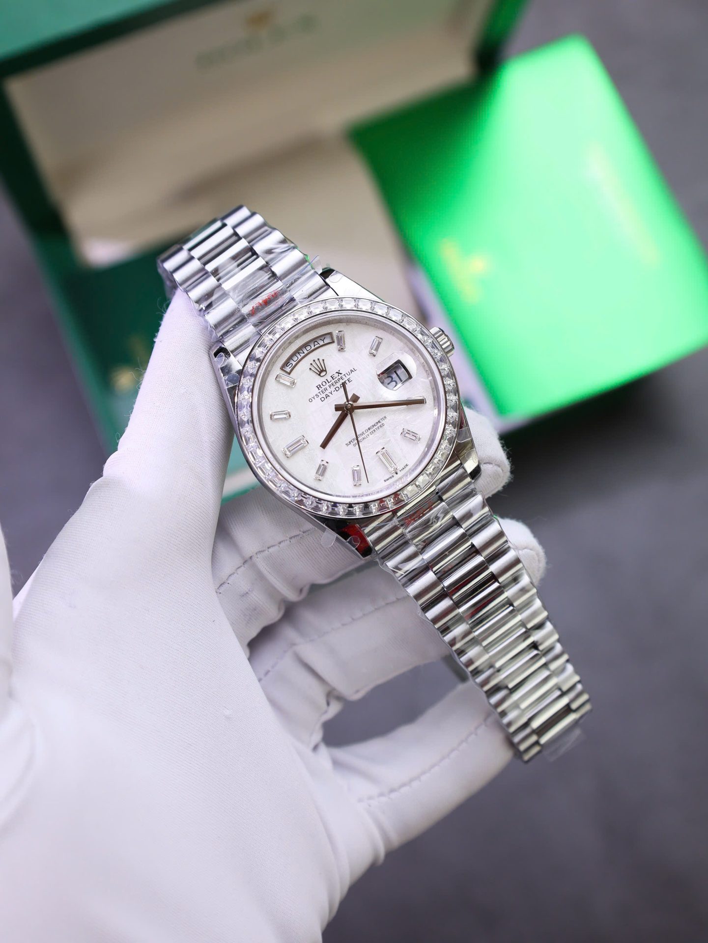 Rolex Day-Date Best Copies Watch Meteorite Wial Custom Diamonds Moissanite Baguette 40mm