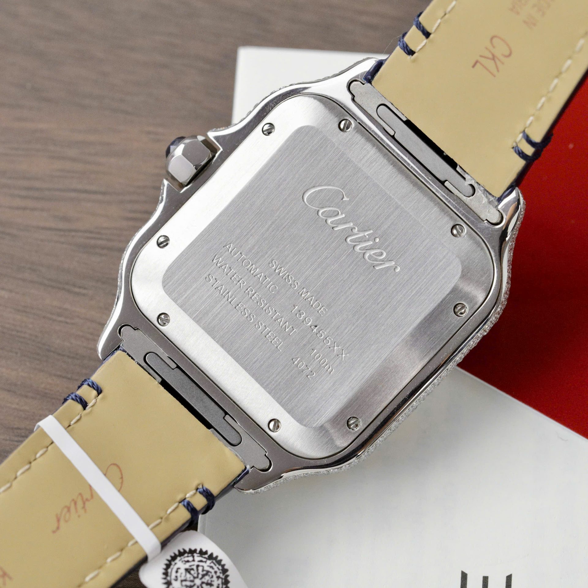 Cartier Santos Best Copies Watch Dial Blue Custom Diamonds Moissanite Hong Kong 39.8mm