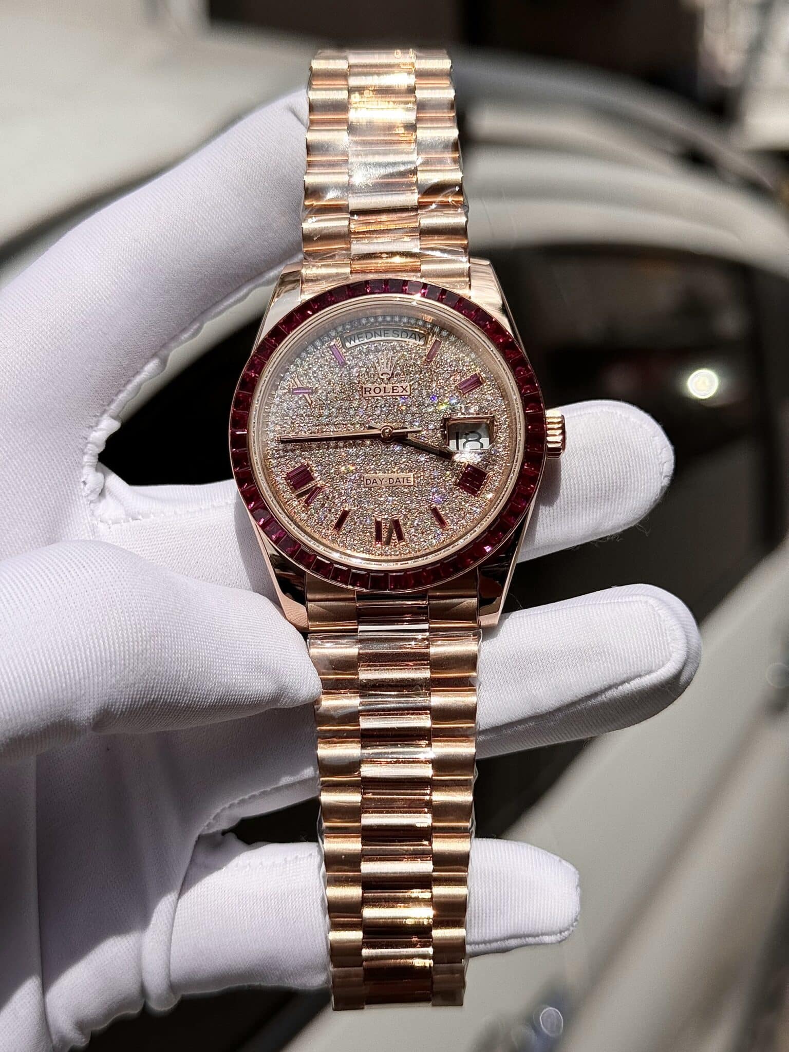 Rolex Best Replica Watch Day-Date Custom Ruby Red Baguette Moissanite Diamonds GM Factory 40mm