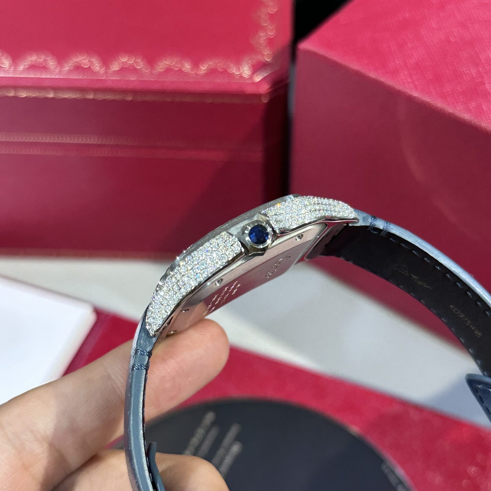 Cartier Santos Replica Watch Blue Dial Custom Moissanite Diamonds 39.8mm