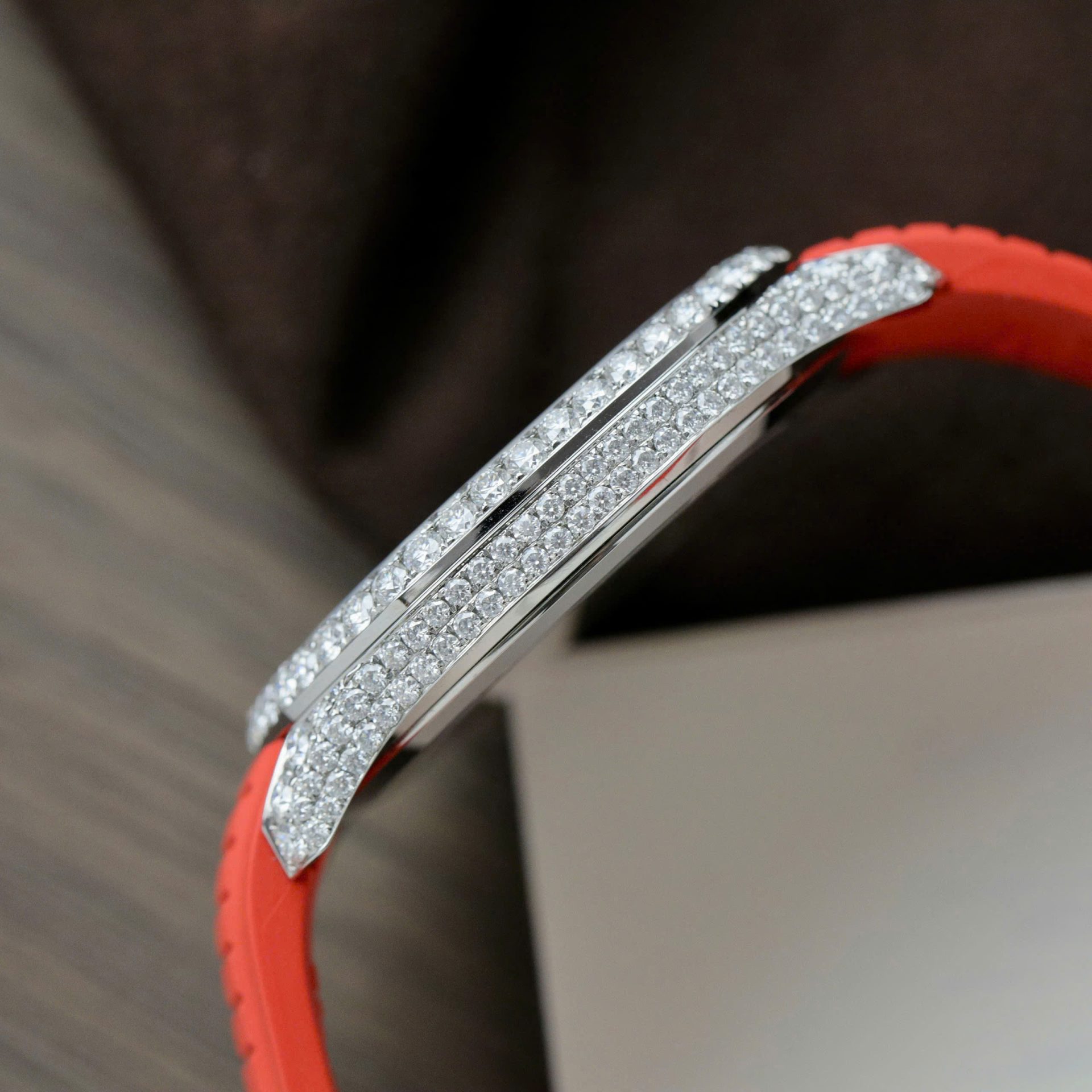 Patek Philippe Aquanaut 5167 Rep 11 Watch Custom Moissanite Diamonds Red Rubber Strap 40mm