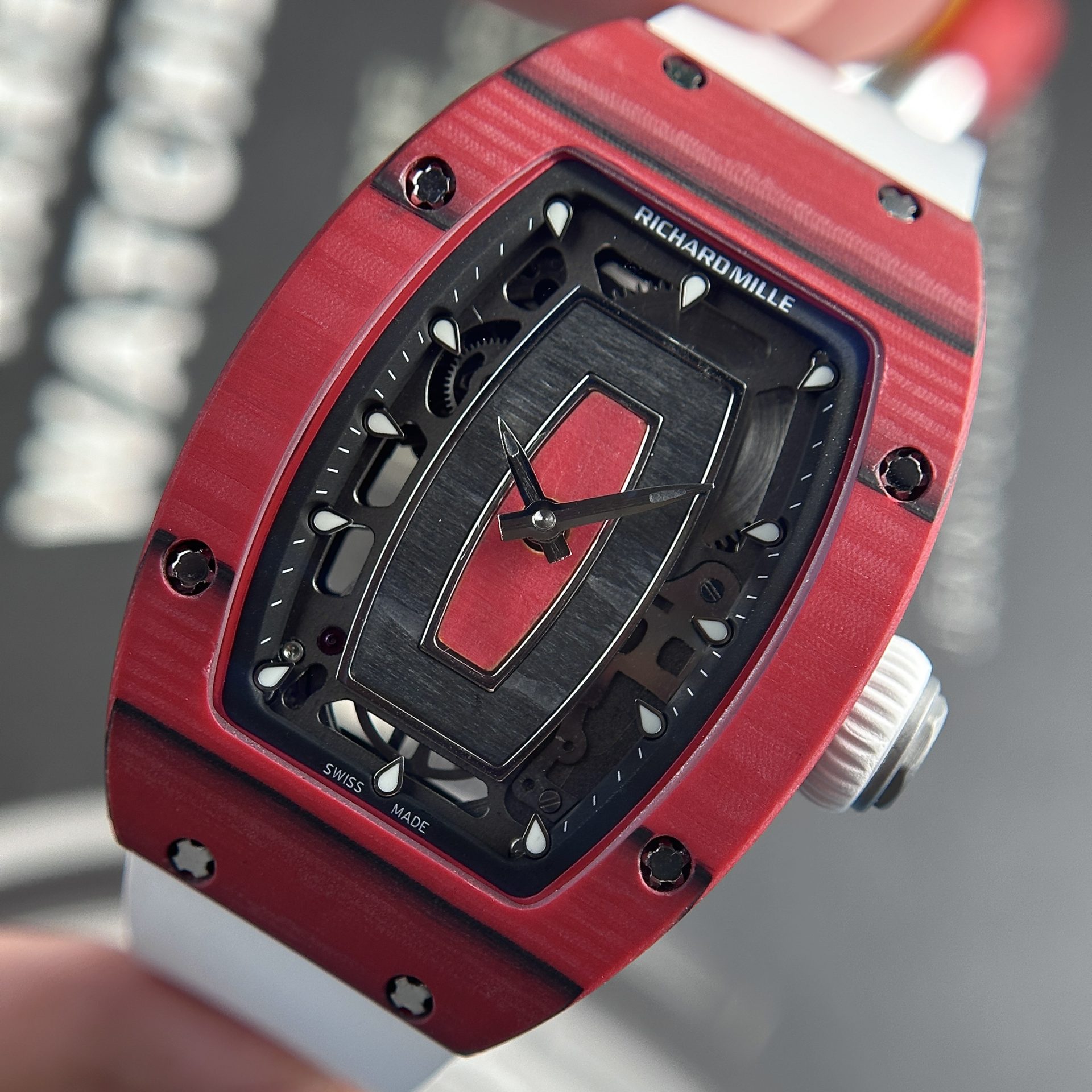 Richard Mille Best Replica Watch RM07-01 Red Carbon Rubber Strap 32x46mm