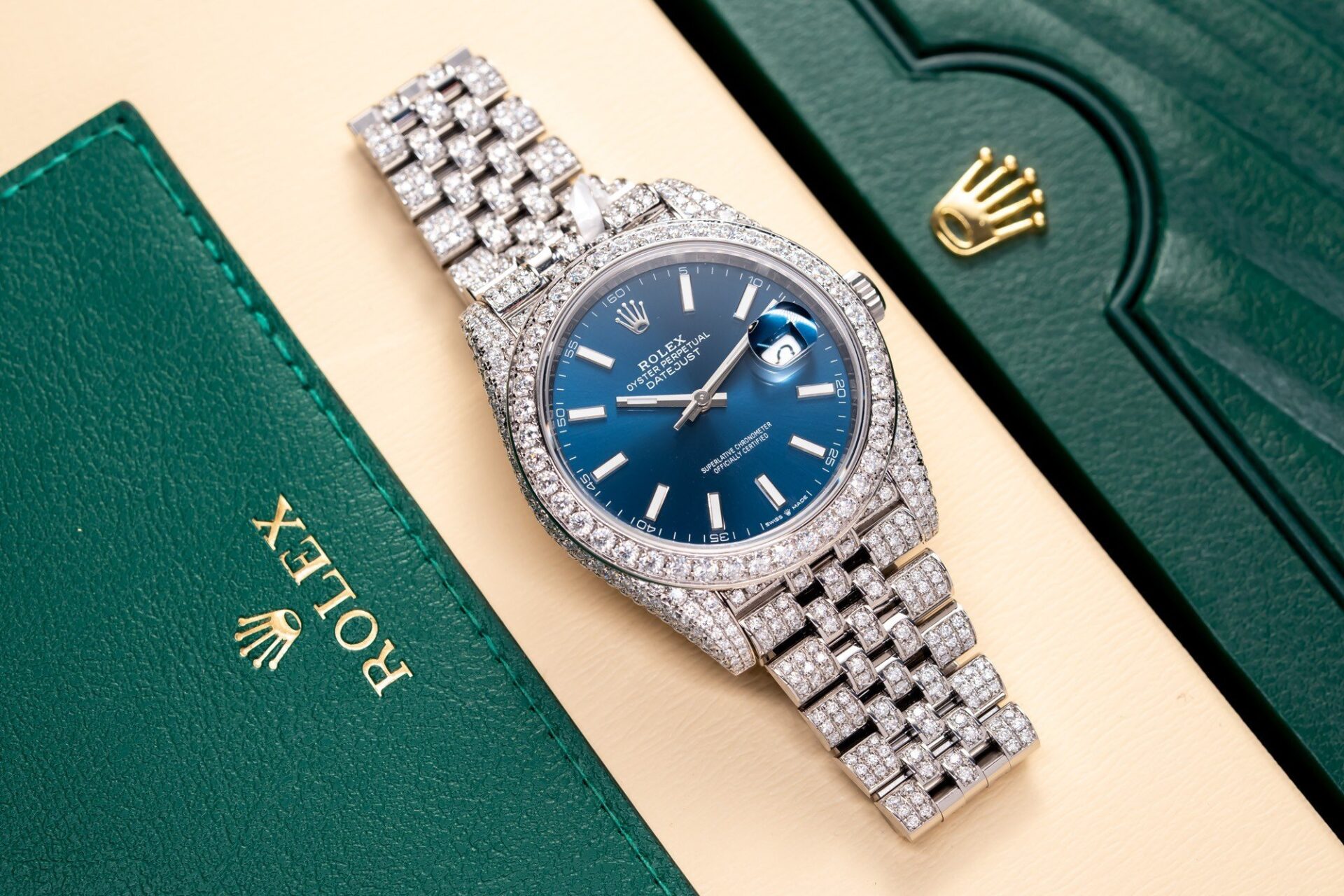 Rolex DateJust 126334 Replica Watch Blue Dial Full Diamond Moissanite 41mm