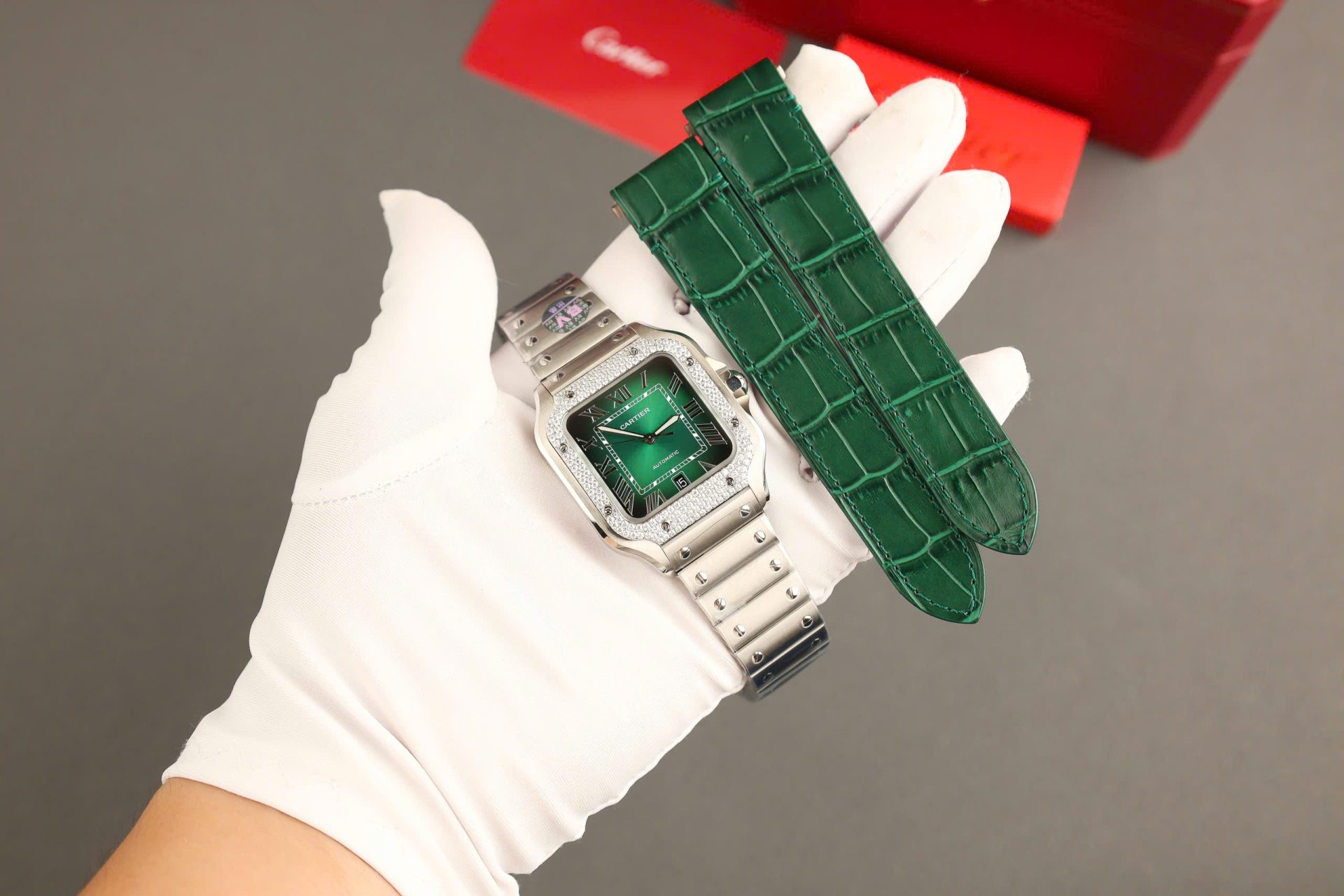 Cartier Santos Green Copies Watch Custom Diamonds Moissanite BV Factory 39.8mm