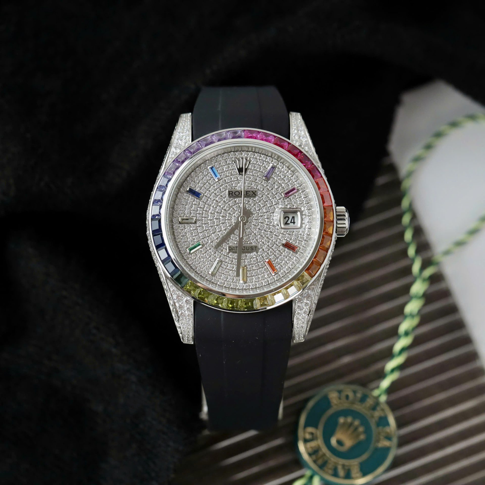 Rolex DateJust Rainbow Fake Watch Rubber Strap 41mm
