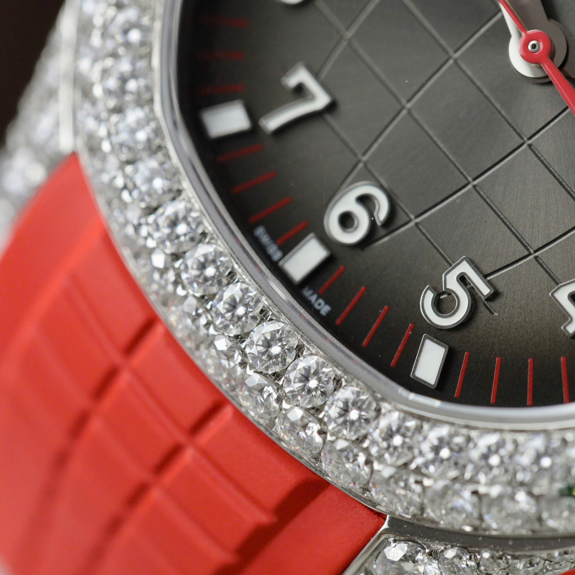 Patek Philippe Aquanaut 5167 Rep 11 Watch Custom Moissanite Diamonds Red Rubber Strap 40mm