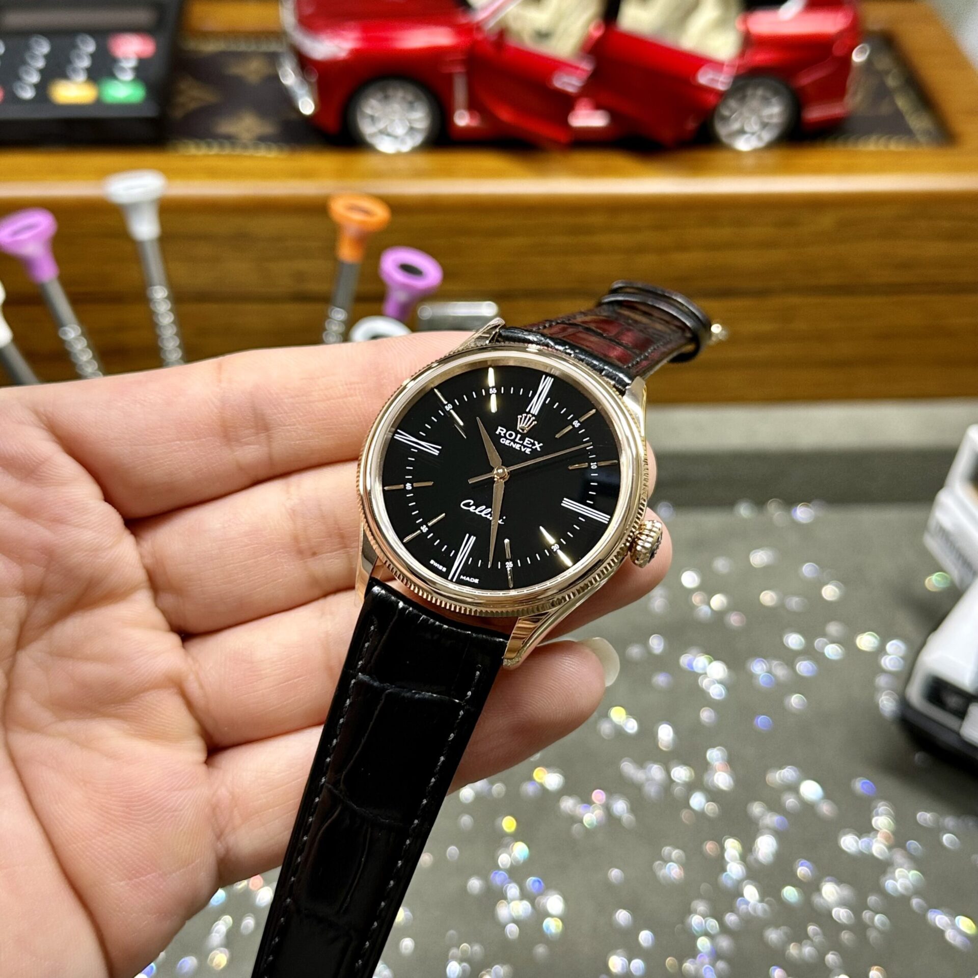 Rolex Replica Watch Cellini Time 50505 Black Dial Leather Strap 39mm