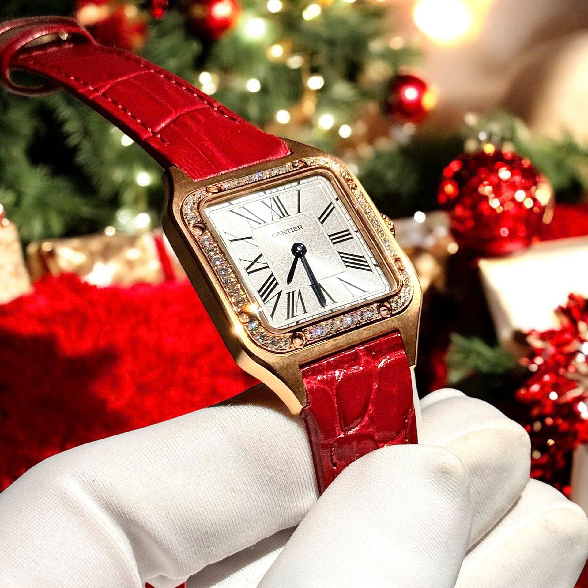 Cartier Santos Dumont WJSA0017 Red Copies Watches 18K Gold Wrapped + Diamonds Moissanite 33x38mm