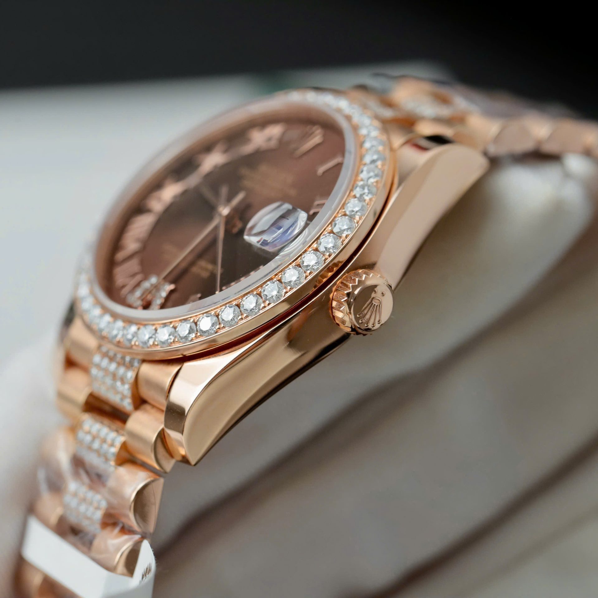 Rolex DateJust Women Dial Chocolate Copies Watches Custom Moissanite Diamonds + 18K Gold Wrapped 31mm