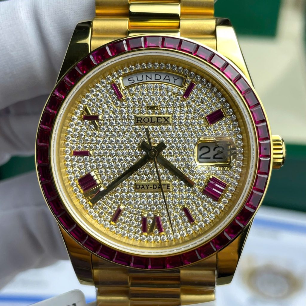 Rolex Day-Date Replica Watch Ruby Red + Moissanite Diamonds Gold Wrapped GM Factory 40mm