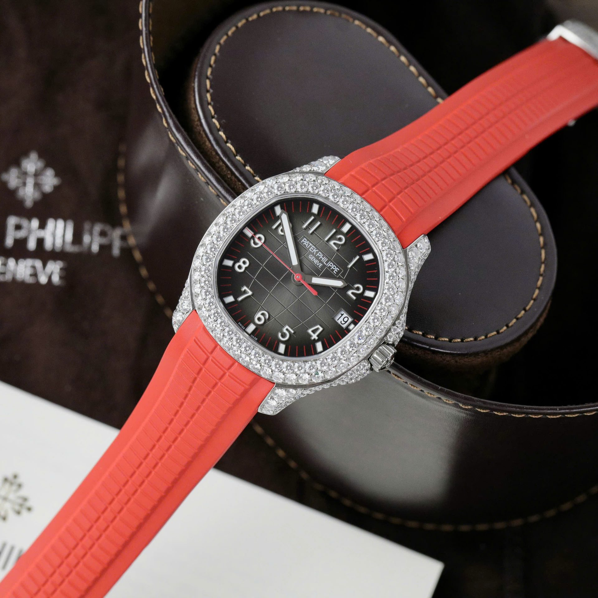 Patek Philippe Aquanaut 5167 Rep 11 Watch Custom Moissanite Diamonds Red Rubber Strap 40mm