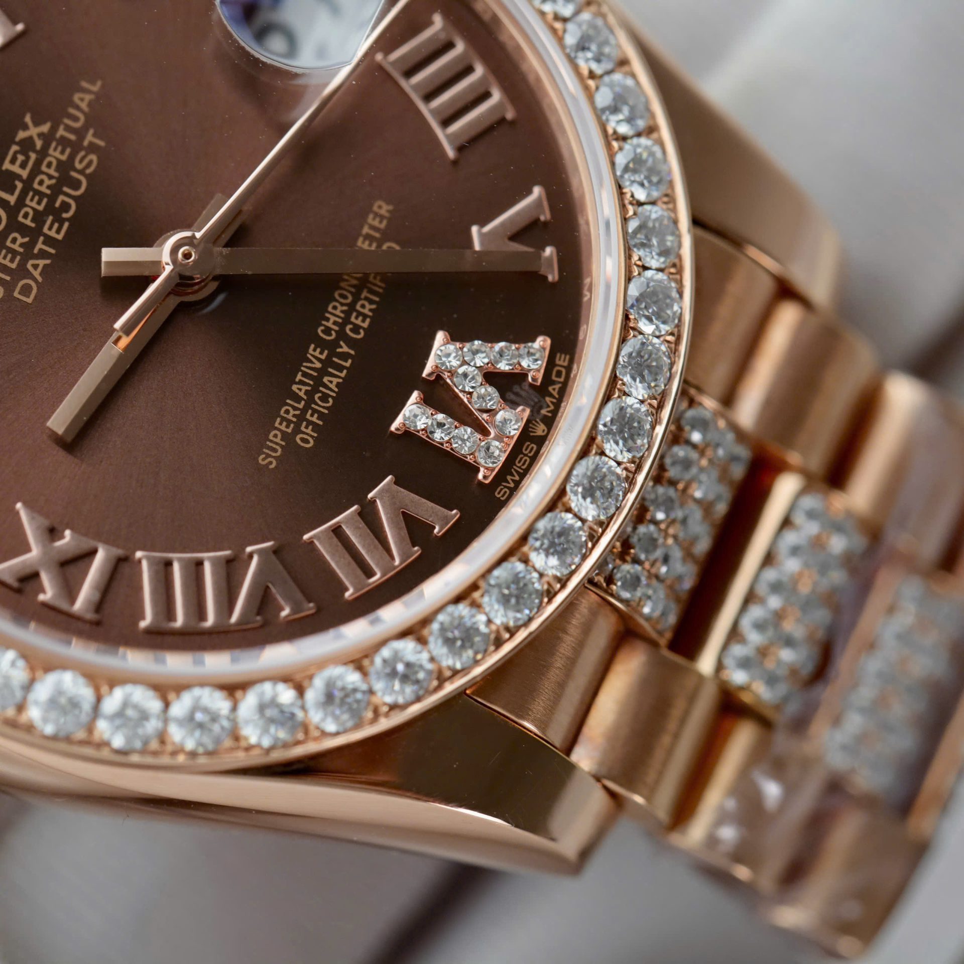 Rolex DateJust Women Dial Chocolate Copies Watches Custom Moissanite Diamonds + 18K Gold Wrapped 31mm