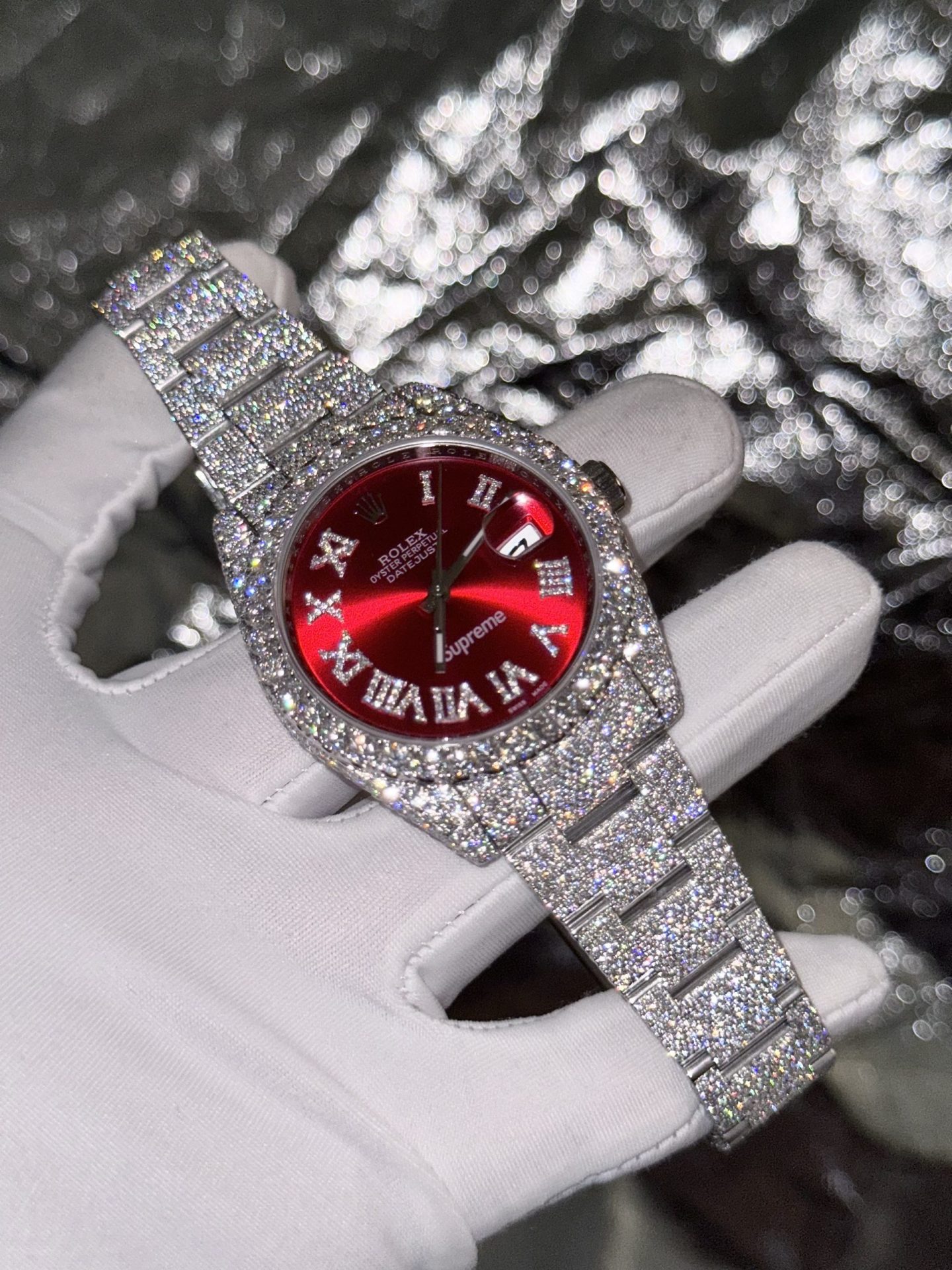 Rolex Best Replica Watch DateJust Supreme Custom Moissanite Diamonds Red Dial 41mm