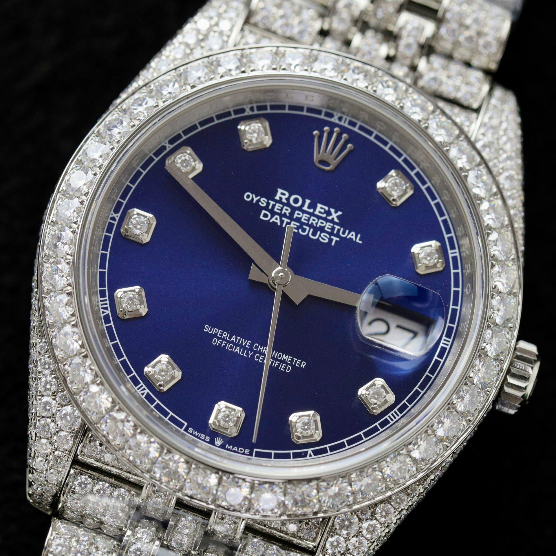 Rolex DateJust Blue Dial Copies Watches Custom Moissanite Diamonds 36mm