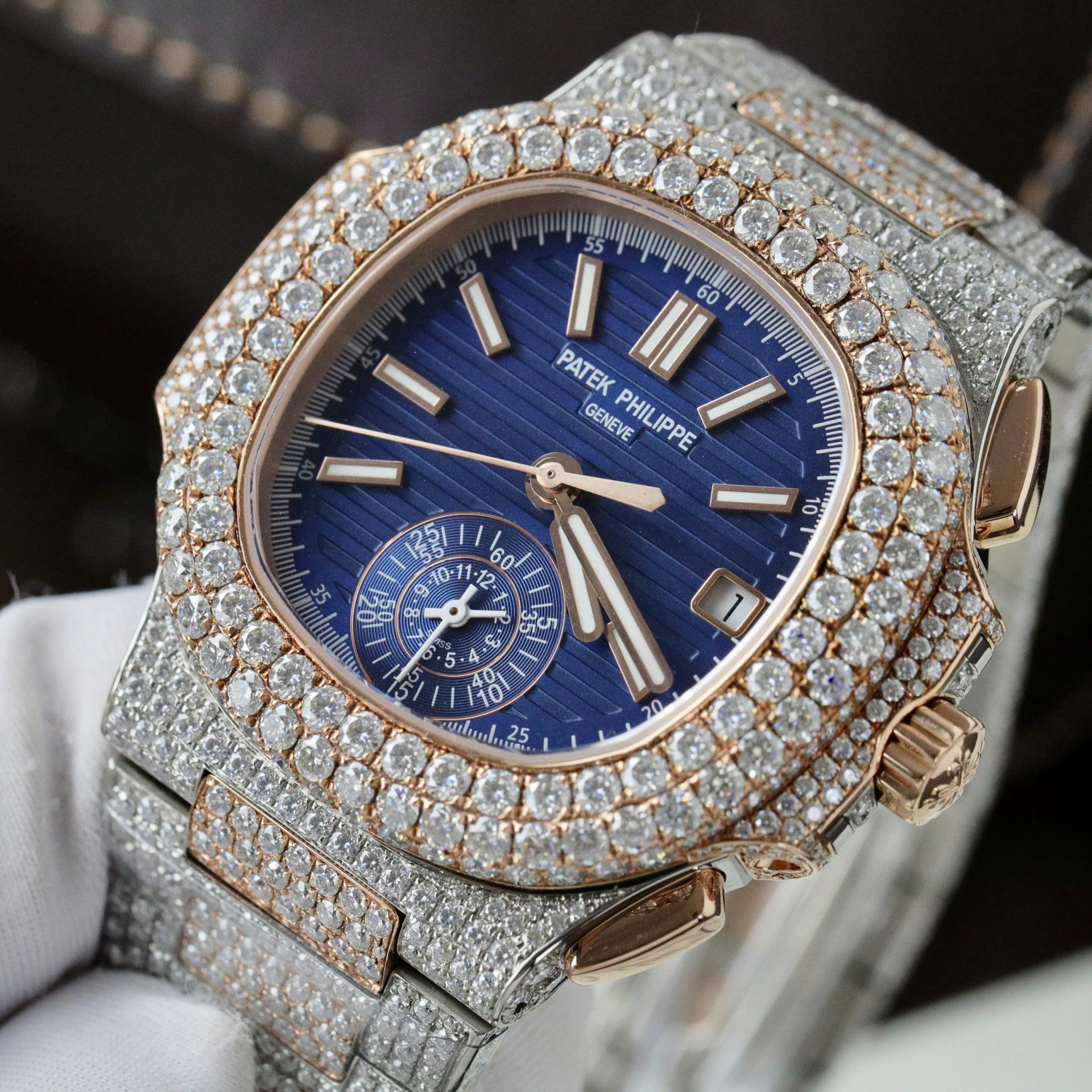 Patek Philippe Nautilus 5980 Replica Watch 18K Gold Wrapped + Diamonds Moissanite Custom 40.5mm