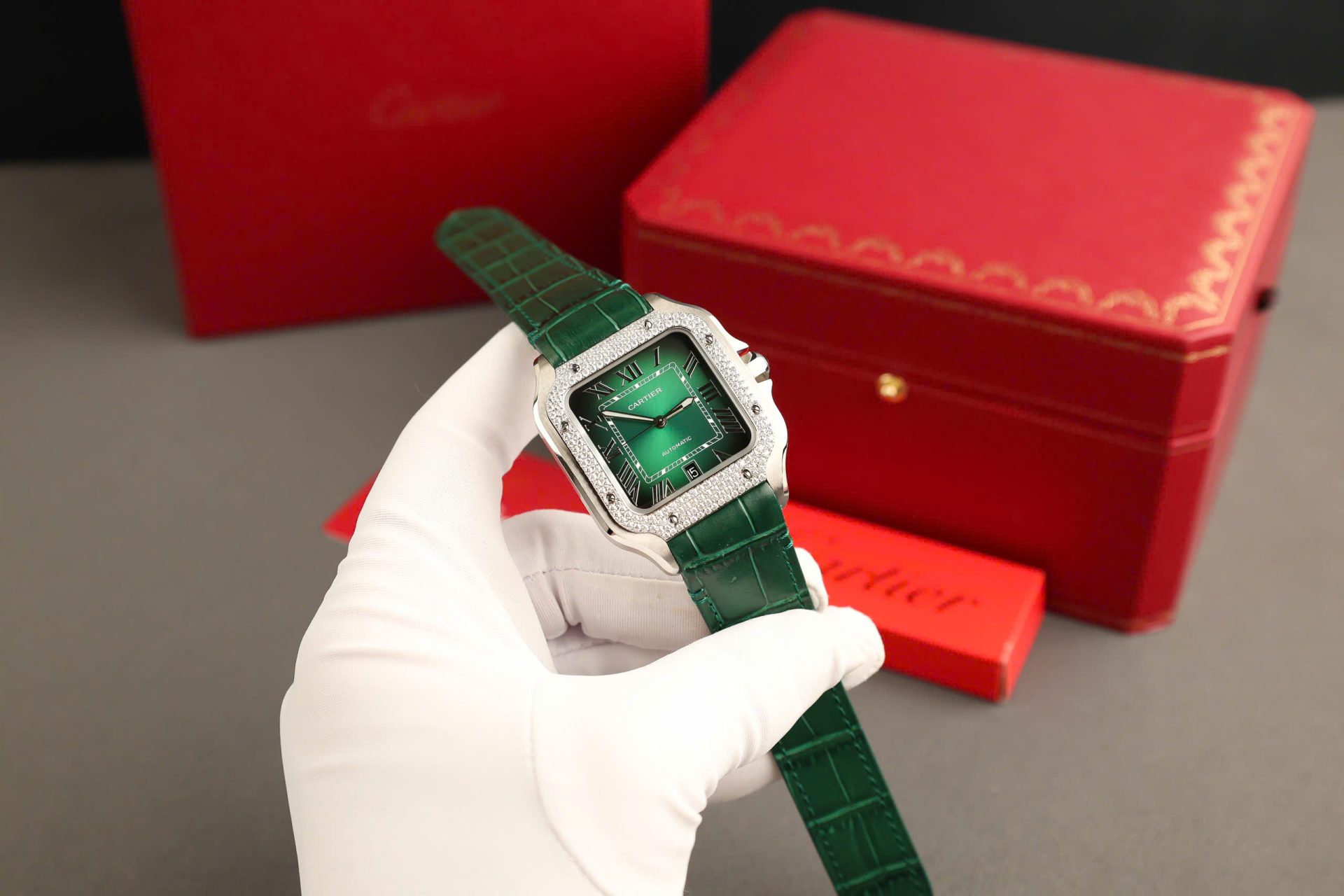 Cartier Santos Green Copies Watch Custom Diamonds Moissanite BV Factory 39.8mm