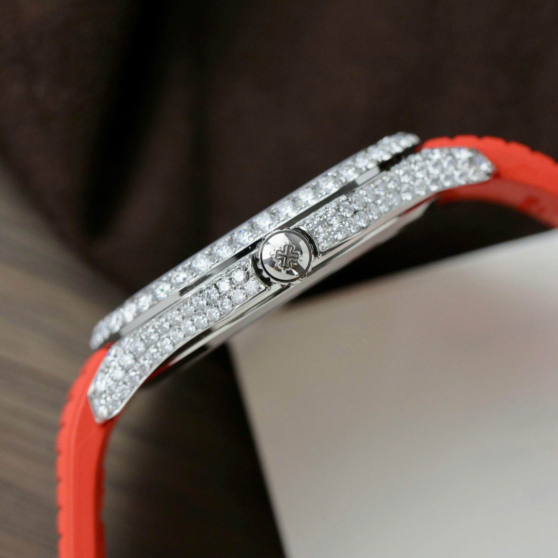 Patek Philippe Aquanaut 5167 Rep 11 Watch Custom Moissanite Diamonds Red Rubber Strap 40mm