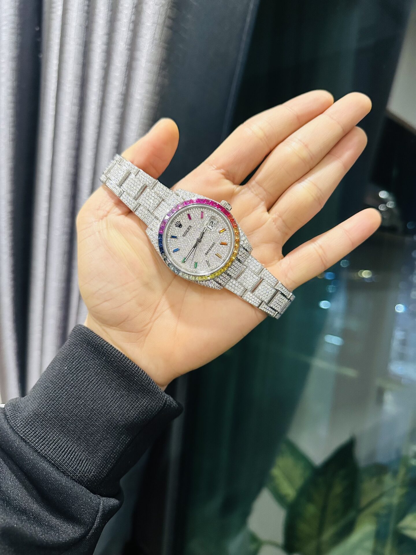 Rolex DateJust Rainbow Replica Watch Custom Moissanite Diamonds 41mm