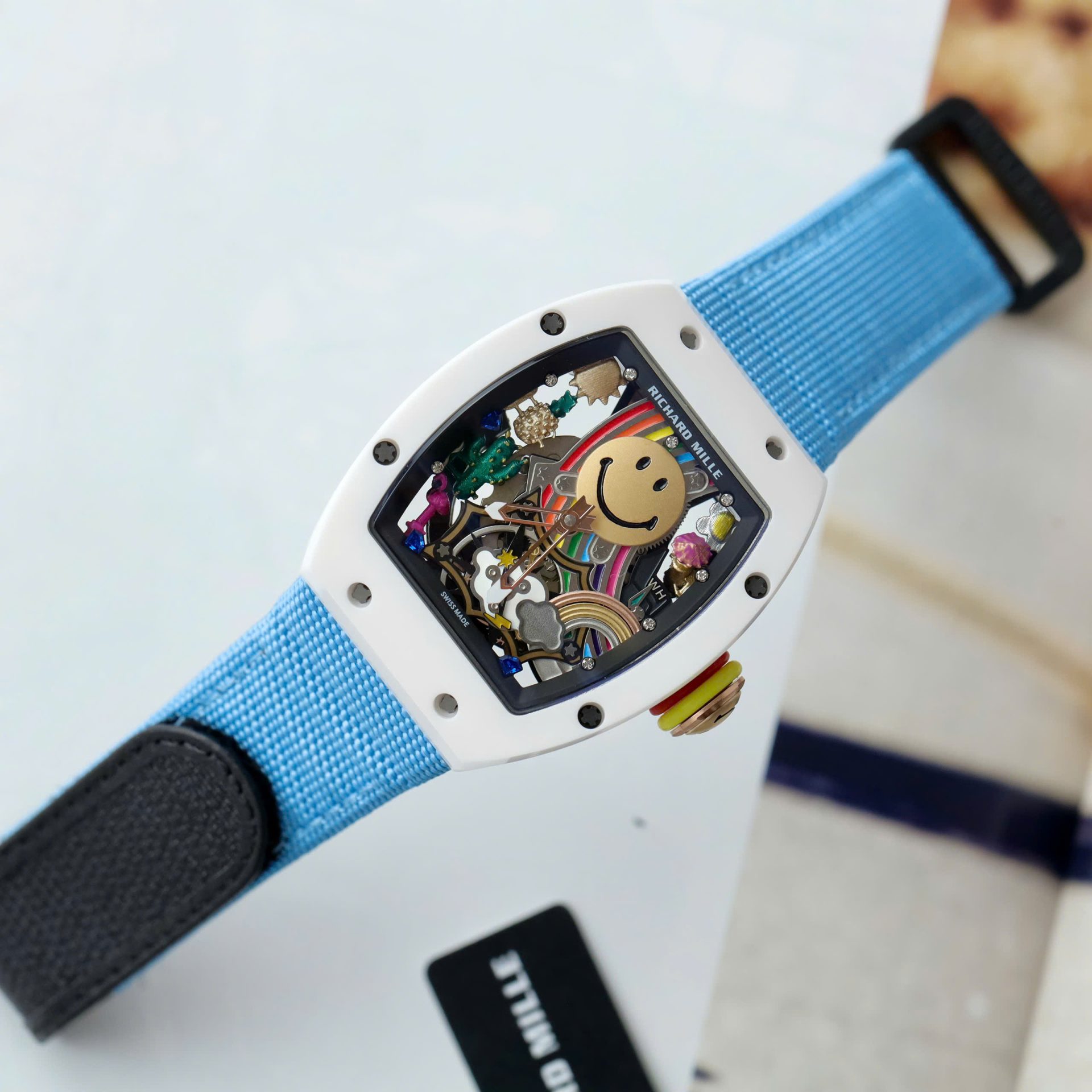 Richard Mille Copies Watches RM88 Smiley Fabic Nato Strap Blue 42mm