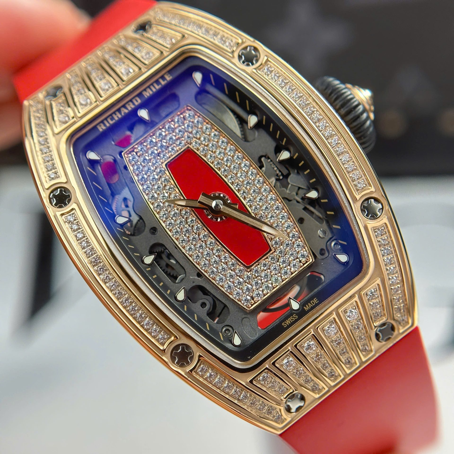 Richard Mille RM07-01 Best Replica Watches Diamonds Red Rubber Strap ZF Factory 36mm