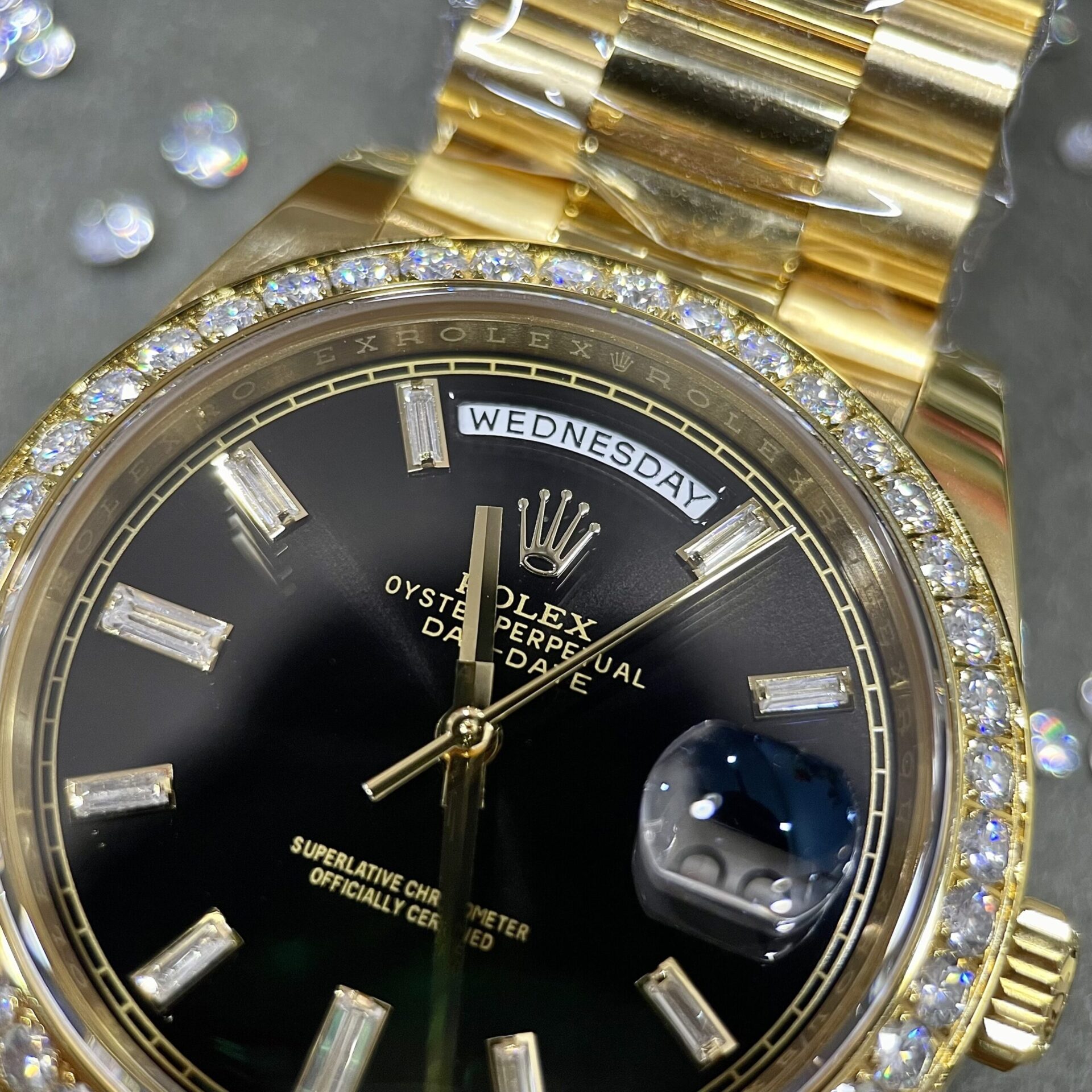 Rolex Day-Date Clone Watch Black Dial Moissanite Diamonds Custom 40mm
