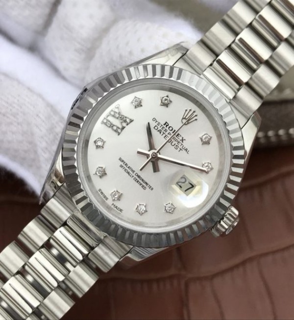 Replica Rolex DateJust 28mm Fluted Bezel White Dial Diamonds Rome Markers Bracelet A2236