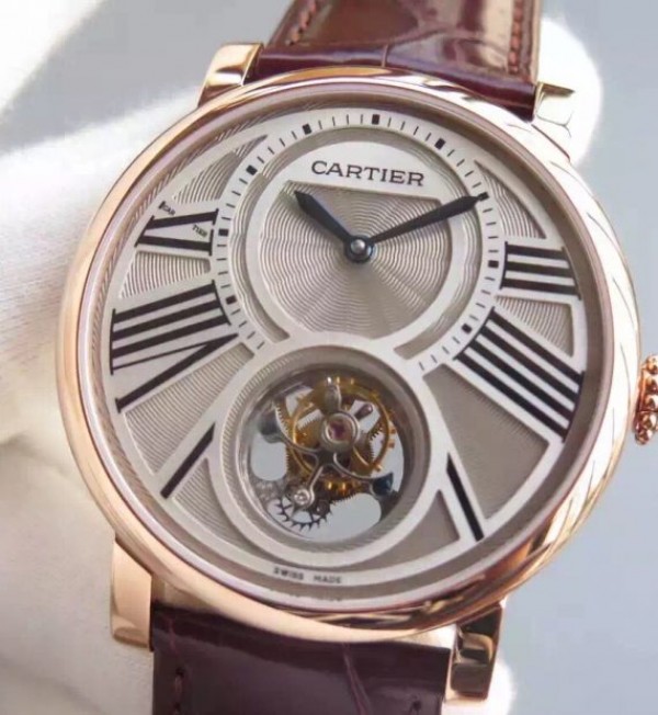 Replica Cartier Rotonde De Cartier Tourbillon RG Leather Strap