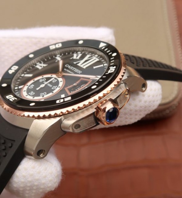 Replica Cartier JJF Calibre De Cartier Diver SS Black Dial RG Bezel Black Rubber Strap A23J