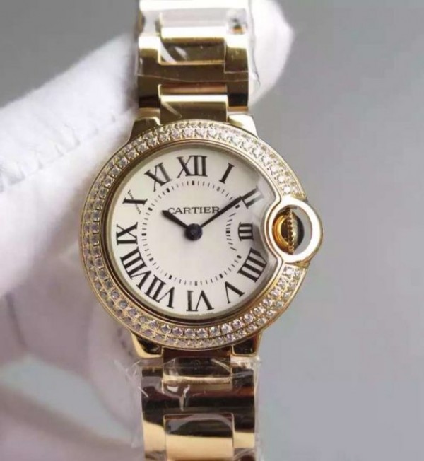 Replica Cartier Ballon Bleu 28mm YG Diamonds Bezel White Dial Bracelet Ronda Quartz