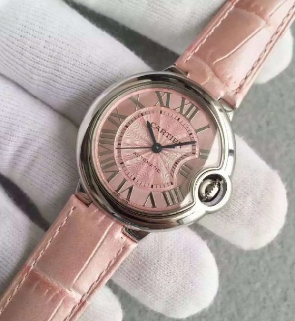 Replica Cartier V6F Ballon Bleu 33mm Pink Dial Pink Leather Strap SEIKO NH05A