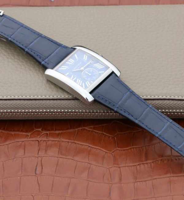 Replica Cartier Tank MC SS Blue Textured Dial Blue Leather Strap