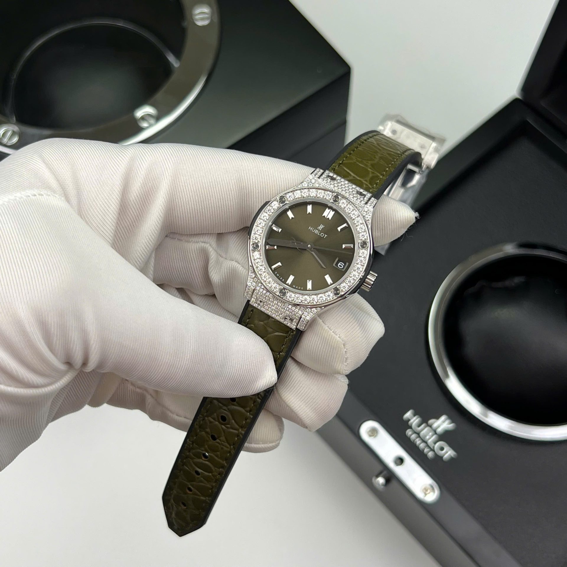 Hublot Classic Fusion Titanium Green Replica Watch Custom Moissanite Diamonds 33mm