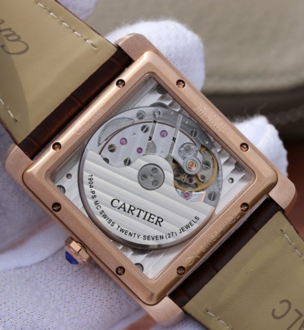 Replica Cartier Tank MC RG White Dial RG Mark Diamonds Bezel Leather Strap