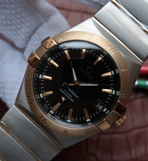 Replica Omega V6 Constellation 35mm YG Bezel Black Dial SS Bracelet A2500