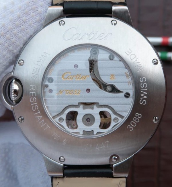 Replica Cartier Ballon Bleu Tourbillon 44mm SS Black Leather Strap