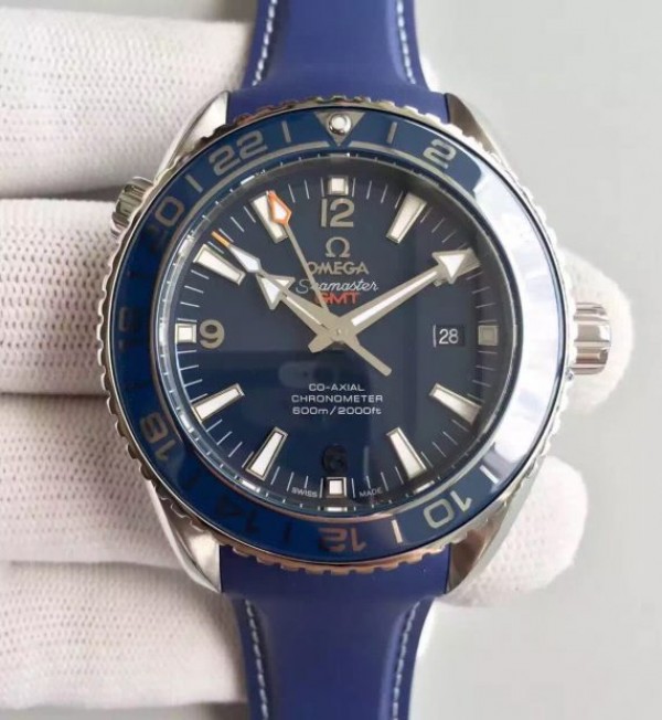 Replica Omega Planet Ocean SS GMT Blue Dial Silver Markers Blue Rubber Strap A8605