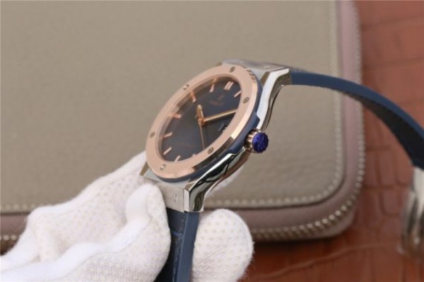 Replica Hublot Classic Fusion 42mm RG JJF Blue Dial Blue Gummy Strap A2892