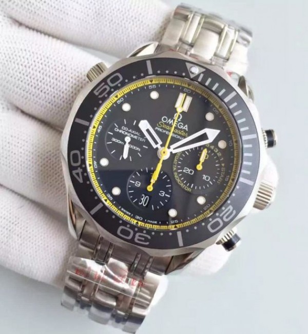 Replica Omega Seamaster 300m Diver SS Black Dial Yellow Inner Bezel SS Bracelet A7753